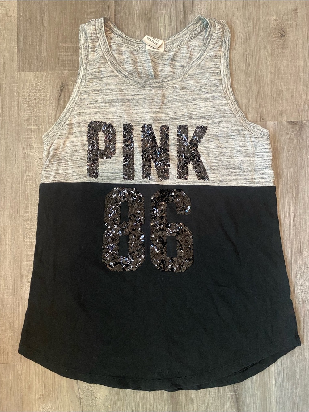 PINK Victoria’s Secret Grey & Black Oversized Two-Toned Sequin Logo Tank Top